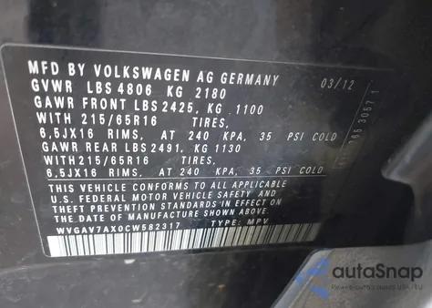 2012 Volkswagen Tiguan Le из США, поврежденный, VIN WVGAV7AX0CW582317